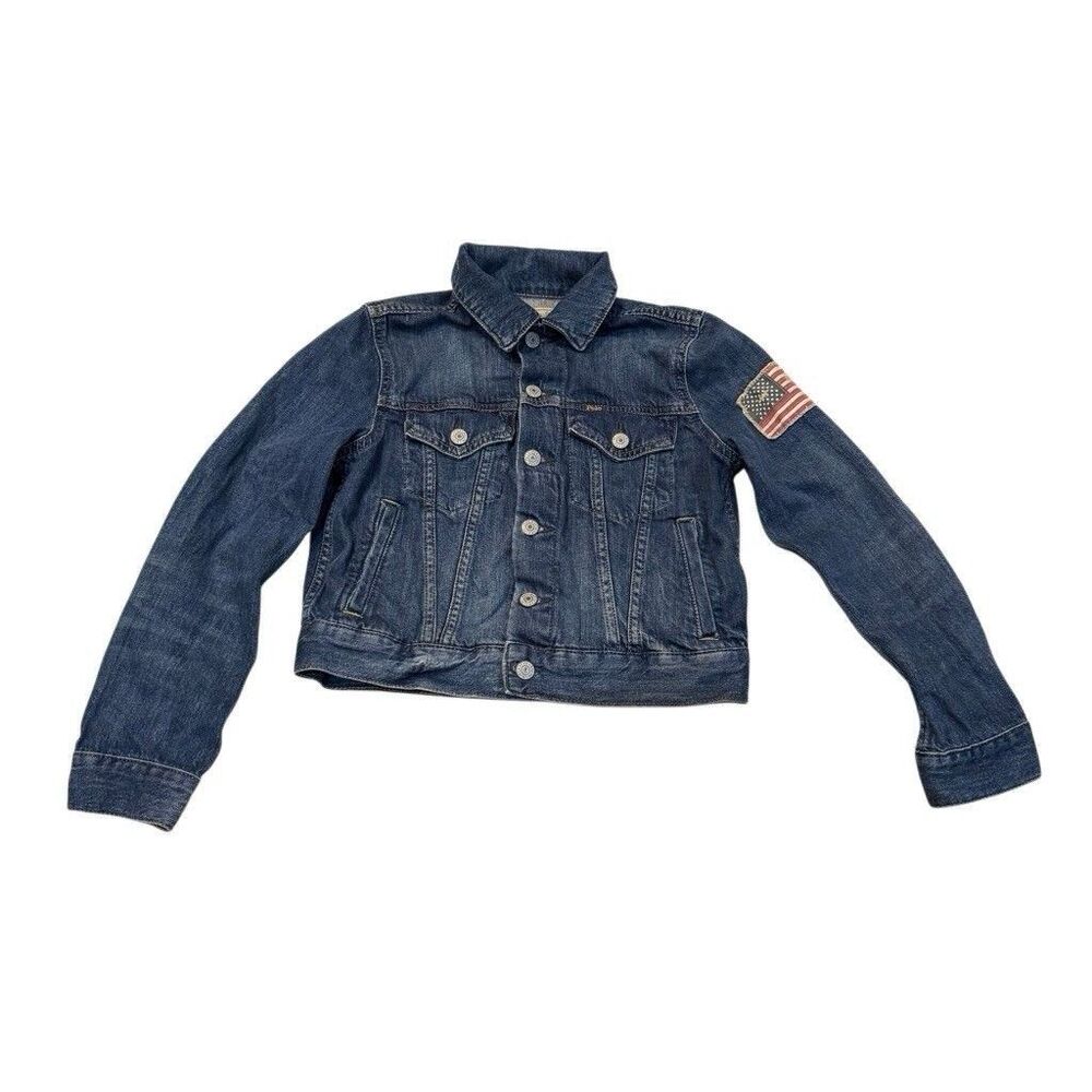 Ralph Lauren Jean Jacket M American Flag Girls Size 10-12 Medium Denim Dark Wash